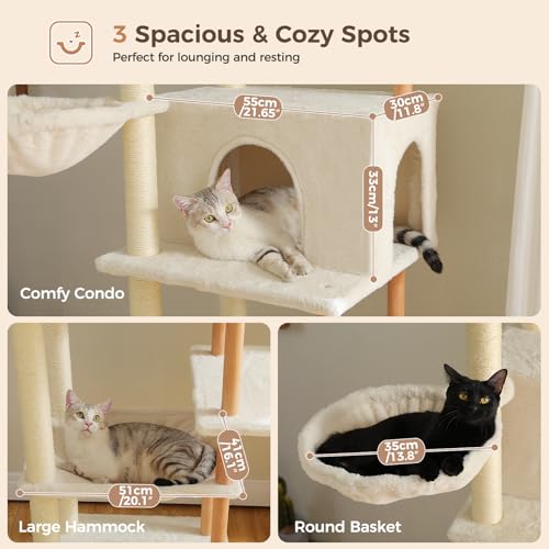 PAWZ Road Large Cat Tree, 73 Inches Tall Wooden Cat Tower with 2 Spacious Hammocks,2 Big Top Beds,8 Fully Scratching Posts and Natural Wood Posts