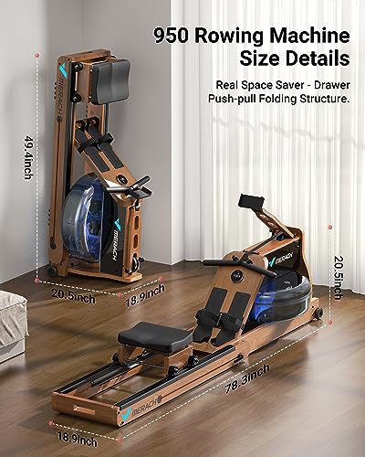 MERACH Foldable Wooden Rowing Machine, Water Electromagnetic Rower Machine for Home Use, Exclusive App Lifetime Membership, Patented Space Saver