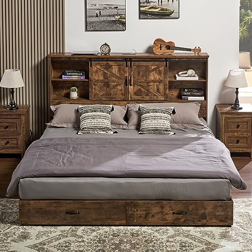 VanAcc Full Size Bed Frame, Wooden Platform Storage Bed with 51.2" Bookcase Headboard, 2 Drawers