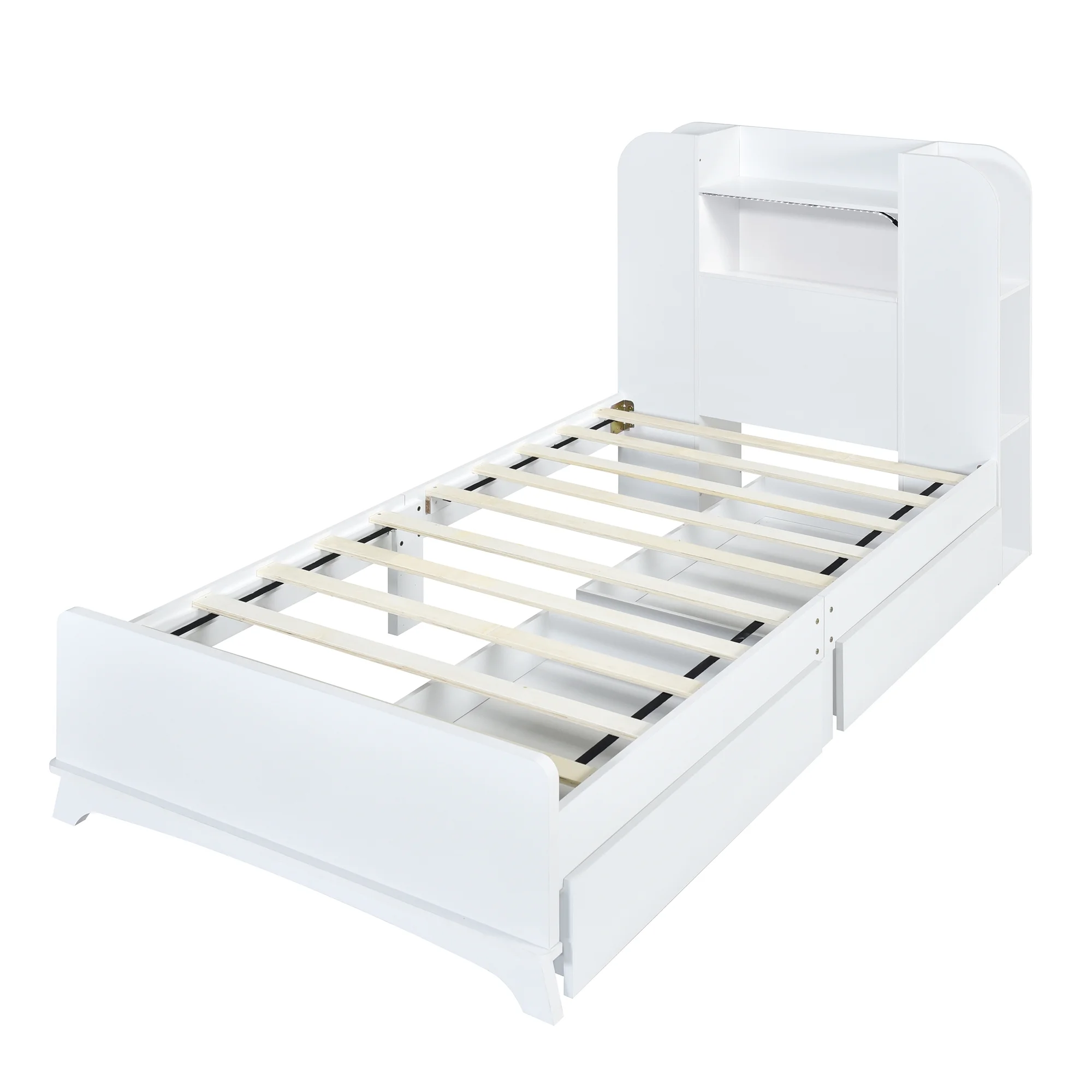 EUROCO Wood Twin Size Platform Bed with Storage Headboard and 2 Drawers, Open Shelf and LED Light for Kids Teens Adults, White