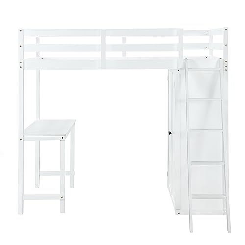 Harper & Bright Designs Full Size Loft Bed with Wardrobe and Desk, Solid Wood Loft Bed Frame with Storage, for Kids Teens Adults (Full Size, White)