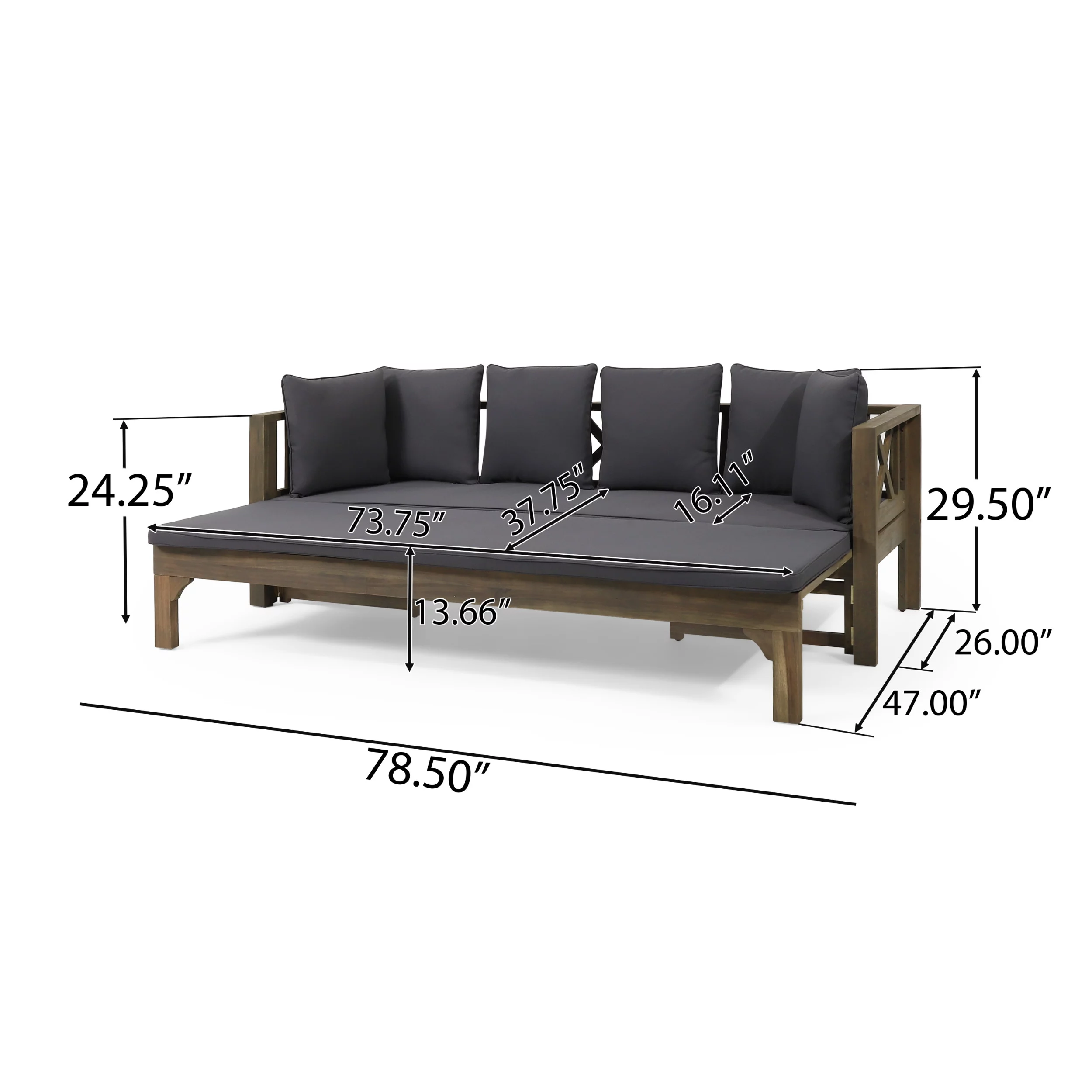 Reyes Acacia Wood Outdoor Extendable Daybed Sofa, Gray and Dark Gray
