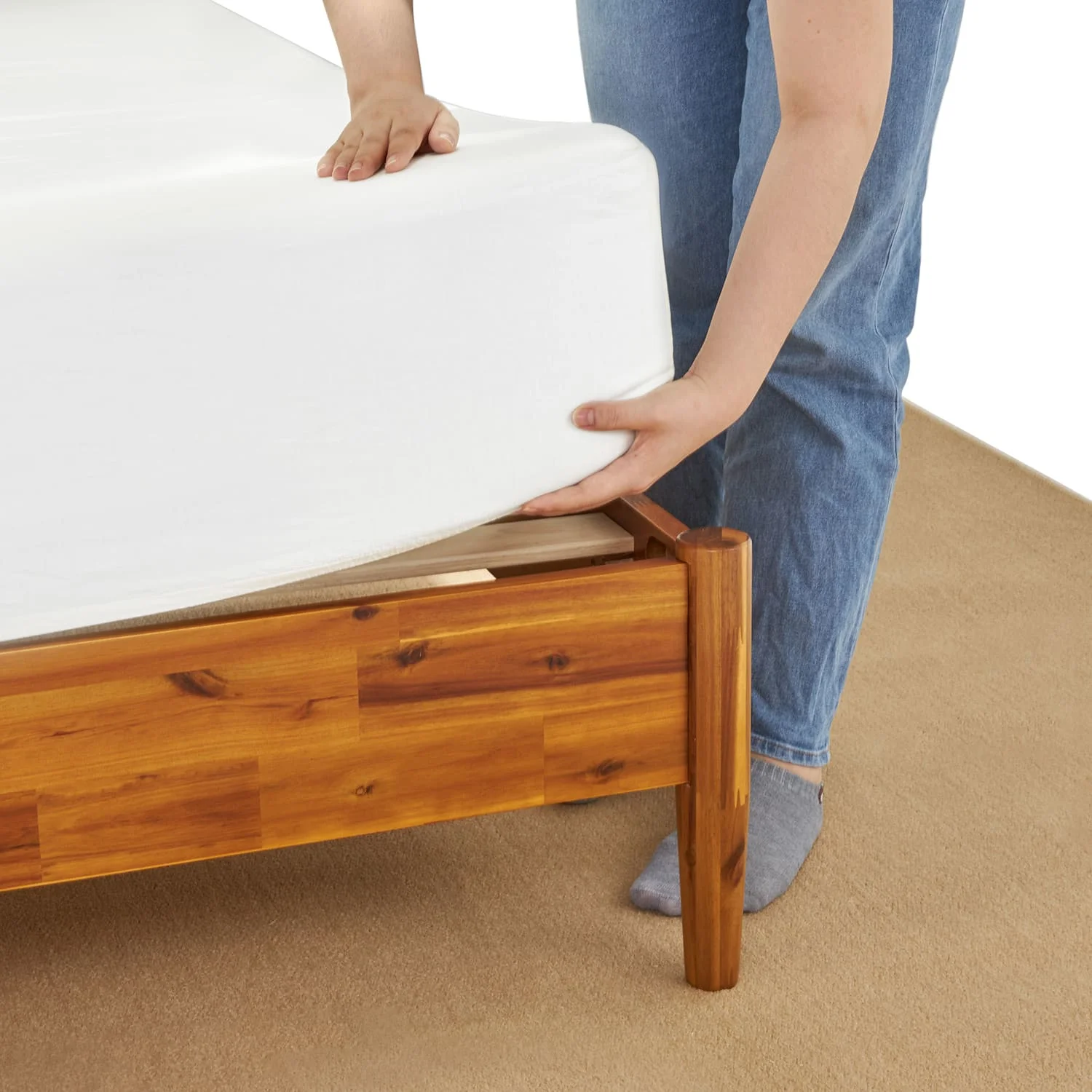 BME Asher 47" Queen Platform Bed Frame, Rattan Headboard, Mid Century and Boho, Solid Wood, Caramel