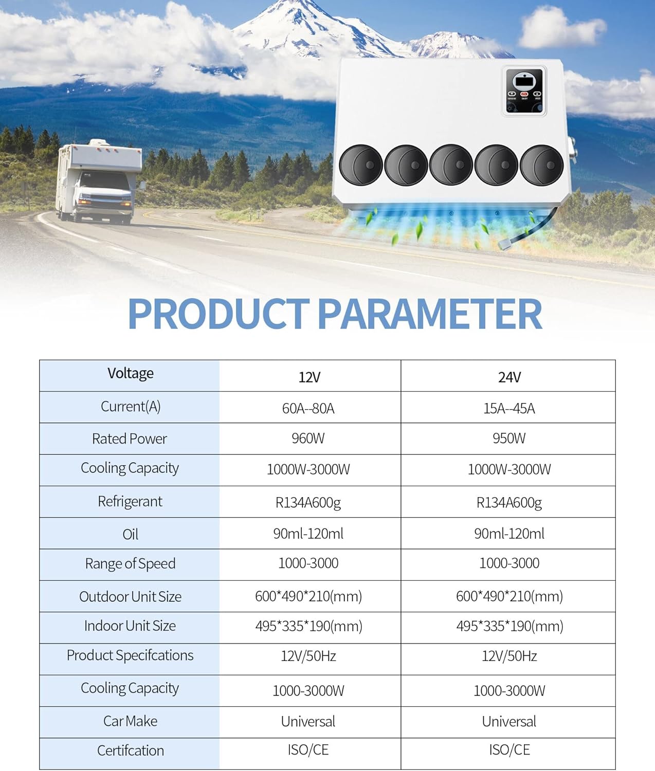 RVpligo DC 12V Air Conditioner, Truck Air Conditioner, Electric Energy Truck Cab Split Air Conditioner for Trucks, RVs, Semi Trucks, Forklifts, Cranes