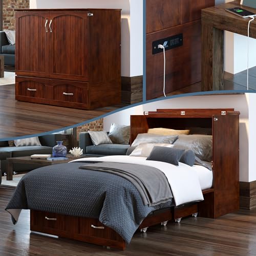 AFI Southampton Queen Murphy Bed Chest with Mattress, Storage, and Built-in Charger in Grey