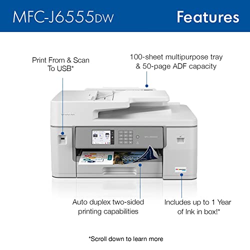 Brother MFC-J6555DW INKvestment Tank Color Inkjet All-in-One Printer with up to 1 Year of Ink in-box1 and 11” x 17” Print, Copy, scan