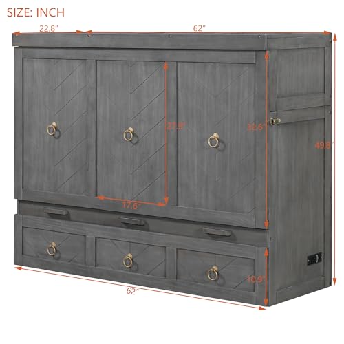 Harper & Bright Designs Full Size Murphy Bed Wall Bed, Solid Pine Murphy Bed Chest Cube Cabinet Bed with USB