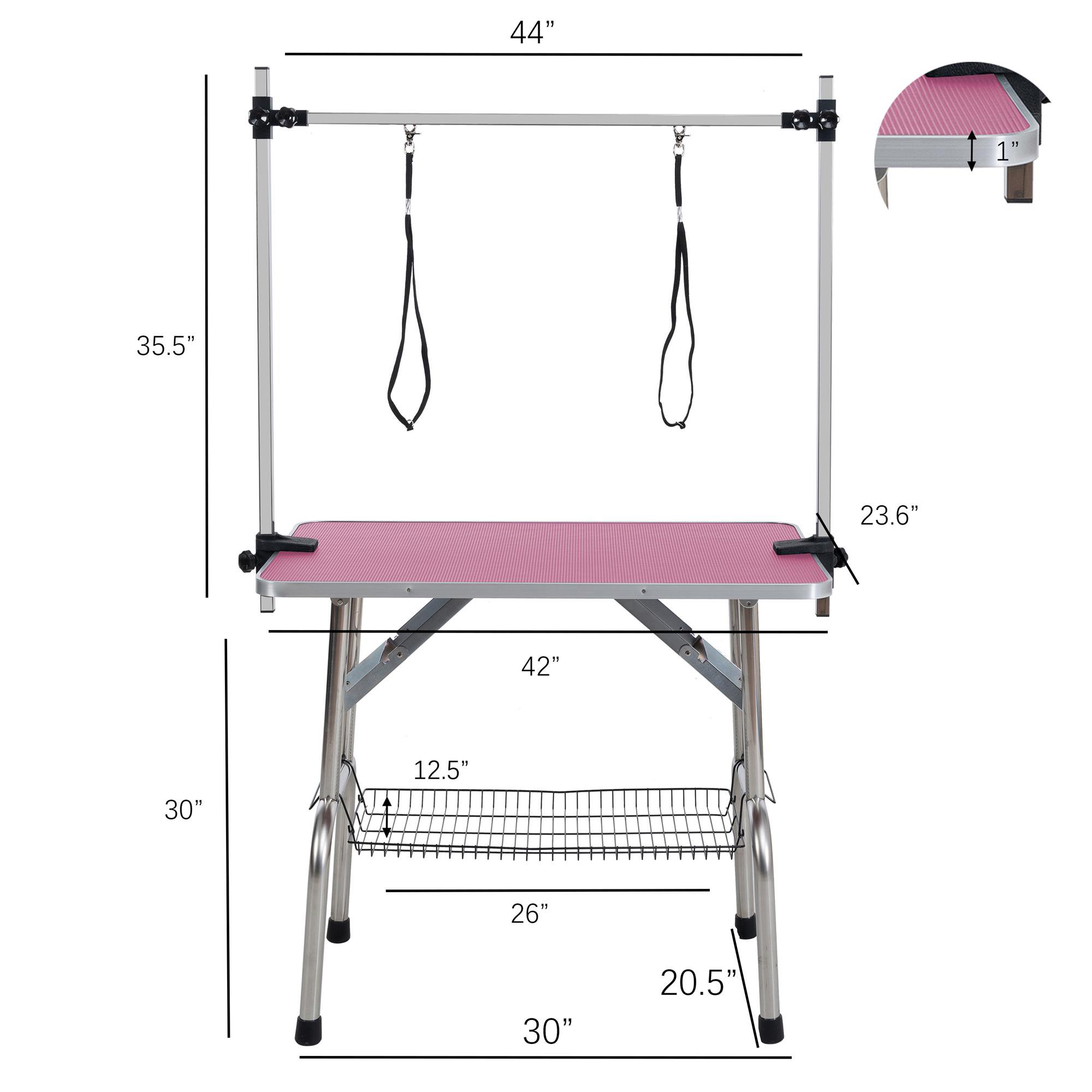 Pefilos 42" Pet Grooming Table for Large Dogs Adjustable Height Portable Trimming Table Drying Table w/Arm/Noose/Mesh Tray, Pink