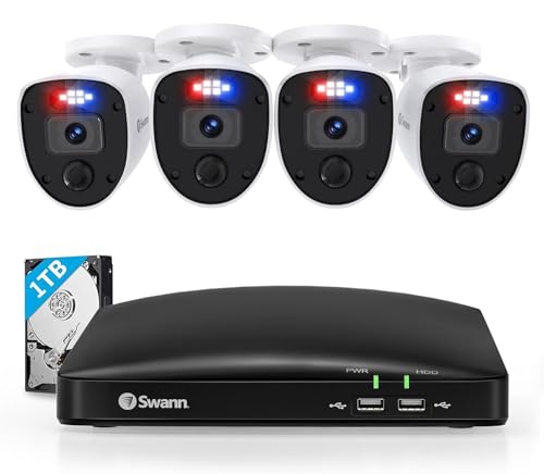 SWANN 1080P Video 8 Channel DVR Security Camera System, 1TB Hard Drive, 4 Indoor/Outdoor Cameras with Audio, Wired CCTV Home Surveillance