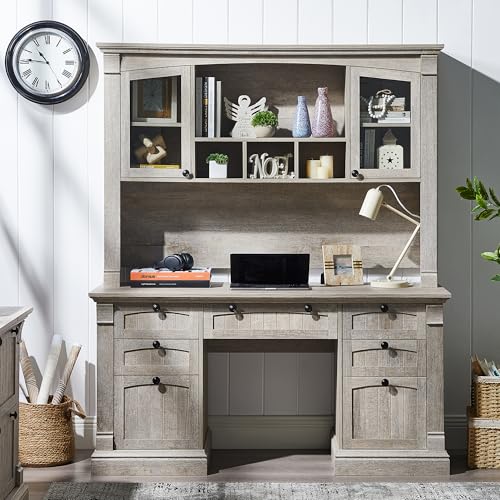 OKD 60" Executive Desk with Drawers, Farmhouse Home Office Desk with Charging Station, Keyboard Tray, File Cabinet Storage