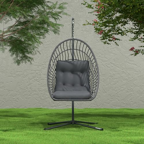 Hanging Egg Chair with Stand Indoor Outdoor, Foldable Rattan Wicker Hammock Egg Swing Chair for Bedroom Porch Patio Garden, Thickened Cushion