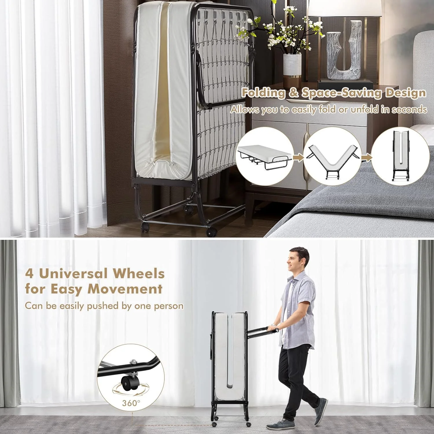Folding Bed With Mattress Memory Foam, Foldable Bed W/Sturdy U-Shaped Metal Bed Frame, 4 Universal Wheels, Portable Guest Bed, Easy Storage