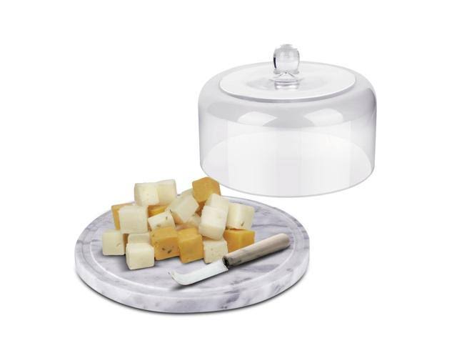 CE Compass Marble Cake Stand Base w/ Roomy Glass Cover Dome, Multifunctional Serving Platter, Cutting Board Slab, for Baker Past