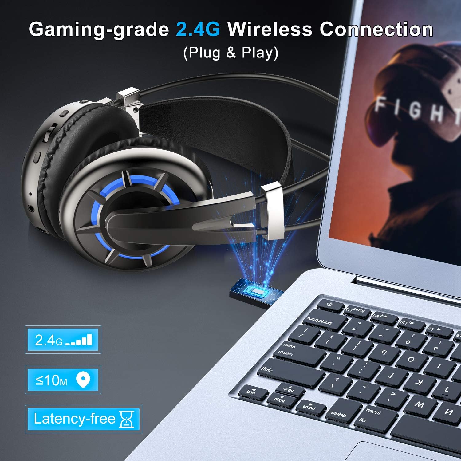 Wintory AIR 2.4G Wireless Gaming Headset for PC PS4 TV Playstation Computer Headset with Detachable Noise Canceling Microphone Mute Key 3D Surround