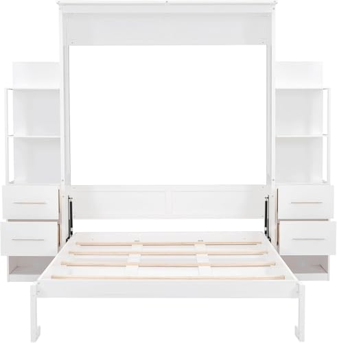 MERITLINE Queen Murphy Bed with Storage Drawers,LED Lights and Shelves,Wood Murphy Wall Bed Cabinet for Adults (Grey)