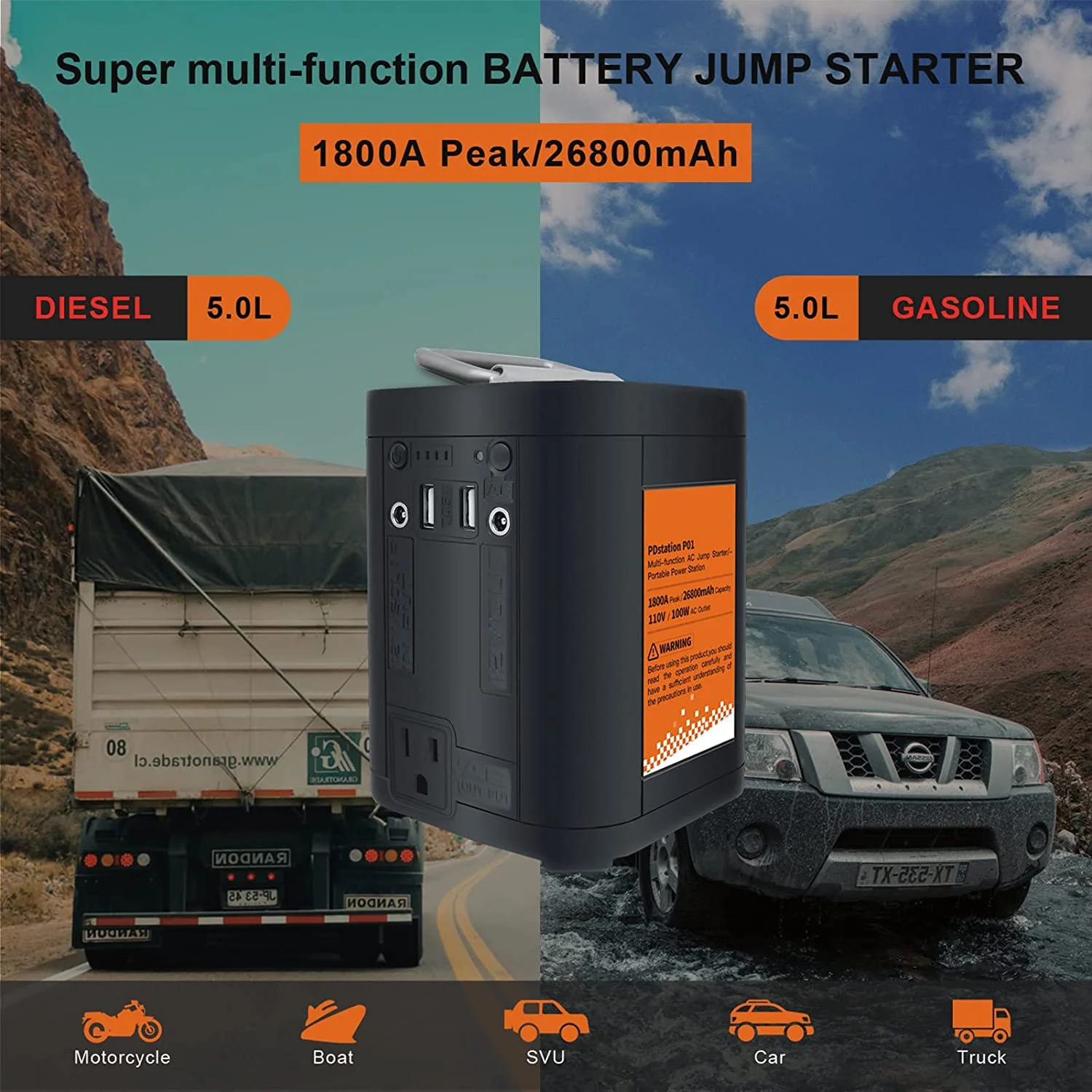 26800mAh Car Jump Starter Booster Jumper Box Power Bank Battery Charger Portable