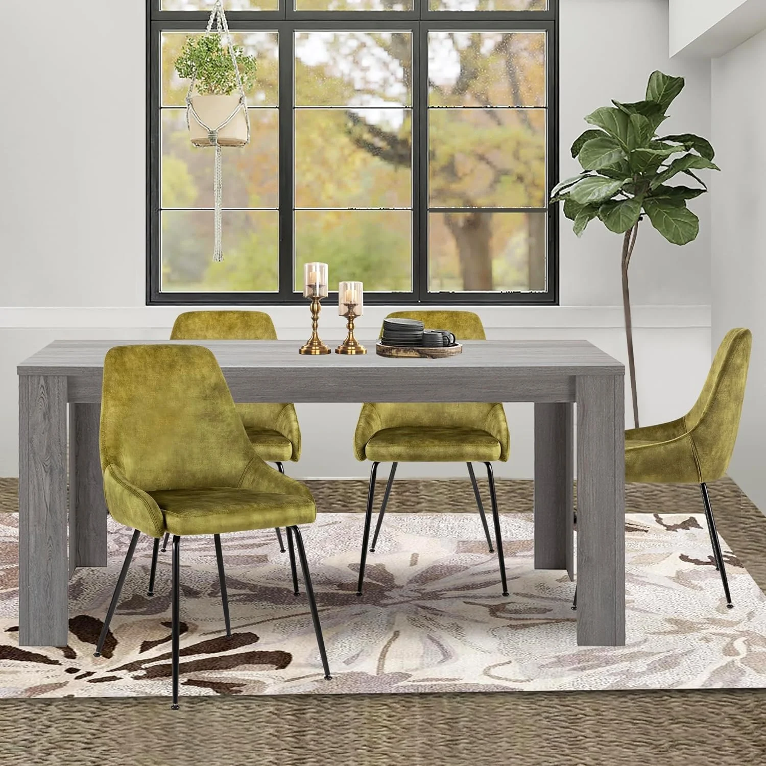 GIA Design Group 5-Piece Wooden Dining Table Set, Rectangular Table & 4 Velvet Green Chairs,Kitchen