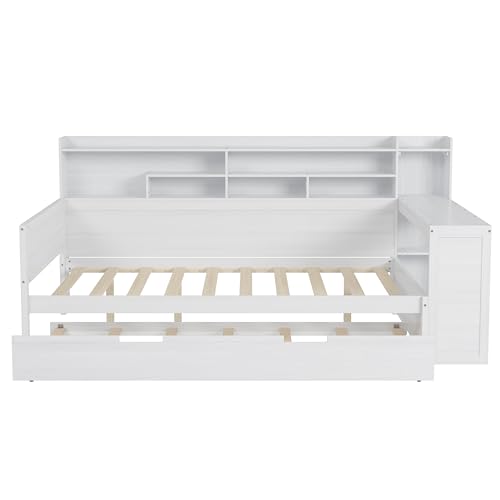 Corner Twin Bed Frame with Bookcase Storage and Desk, Wood Day Beds with 2 Drawers, Twin Size Daybed with Storage for Living Room