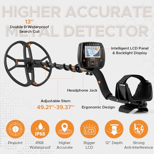 13" Metal Detector for Adults Professional, Double-D Waterproof Search Coil Gold Finder with Pinpoint, High Sensitivity DISC Mode
