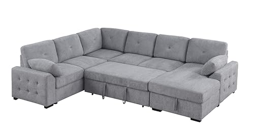 L-Shaped Pull Out Sleep Sofabed,Modern Reversible Sleeper Sectional Sofa Chenille Upholstered Button Tufted Decor with Storage Chaise