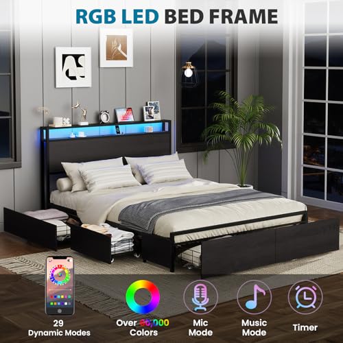 Full Size Bed Frame with Headboard, LED Platform Bed with 4 Storage Drawers, Built in Charging Station, Noise-Free, Metal Support Base