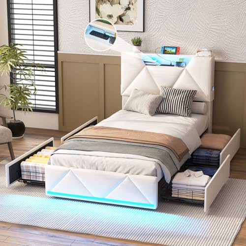 Vabches Queen Bed Frame with Storage Headboard and 4 Drawers,Upholstered Platform with Charging Station and Led Lights,Adjustable Headboard