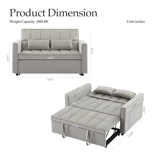 Modern 3 in 1 Convertible Sleeper Sofa Couch Bed with USB, Adjustable Backrest Velvet Pull Out Sofa Bed, Loveseat Sleeper Couch