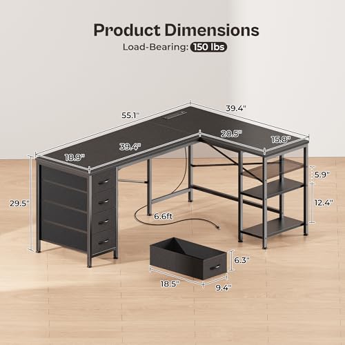 Huuger 63 Inch L Shaped Desk with Fabric Drawers, Reversible Computer Gaming Desk with Power Outlets and USB-C Port, Adjustable Side Storage Shelves
