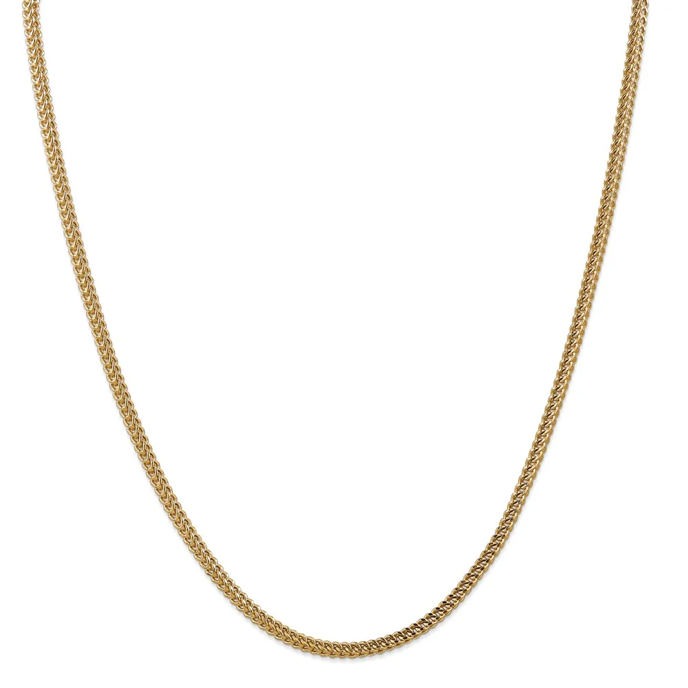 Real 14kt Yellow Gold 3mm Semi-Solid Franco Chain; 22 inch; Lobster (Fancy) Clasp; for Adults and Teens; for Women and Men