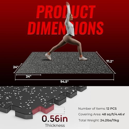 SUPERJARE 0.56'' Thick 24 Pcs 96 Sq Ft Rubber Top Exercise Equipment Mats, High Density EVA Foam Mats with Rubber Top