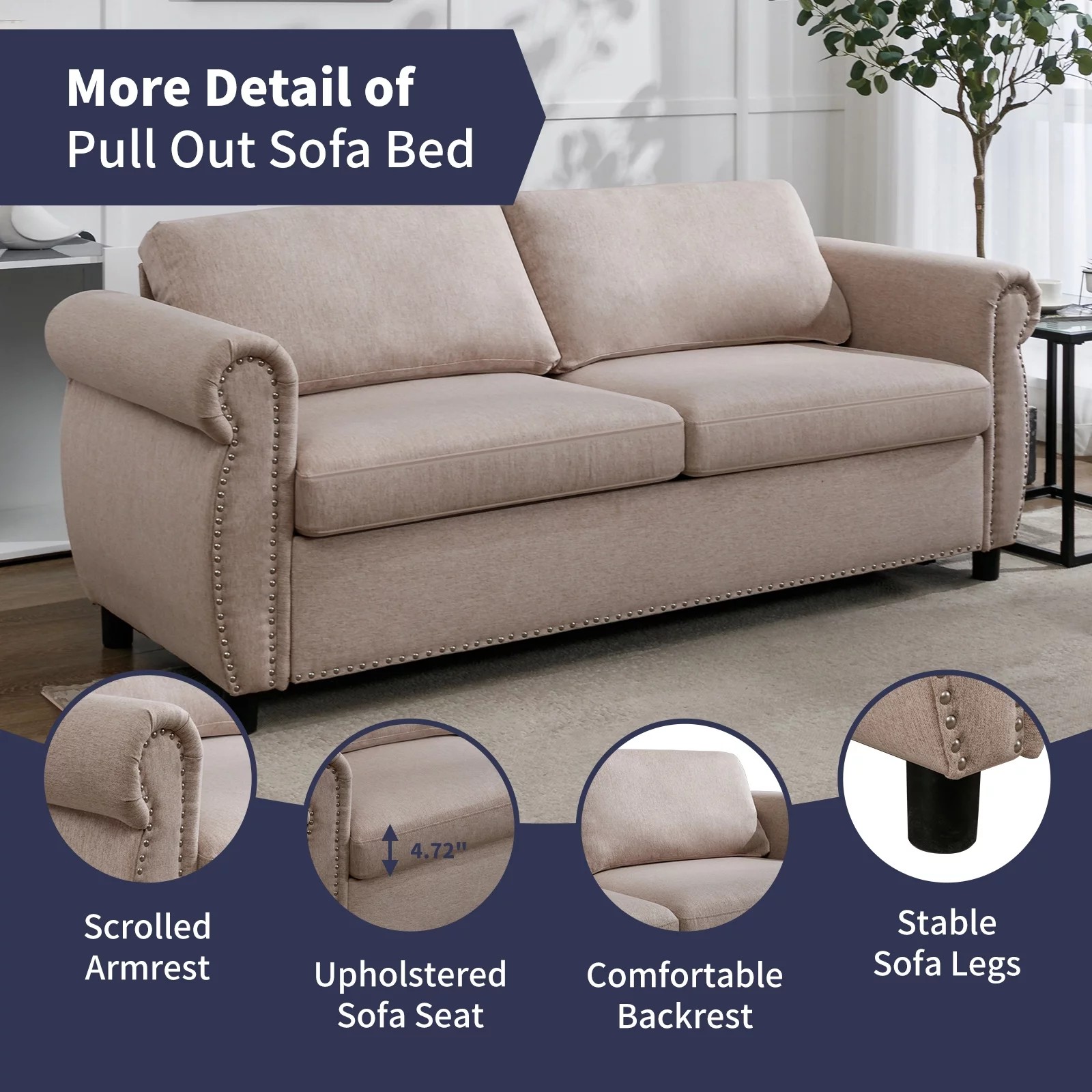 ZAFLY 2-in-1 Queen Size Pull Out Sofa Bed | Convertible Loveseat with Mattress | Sleeper Sofa Couch for Living Room/Apartment, Beige