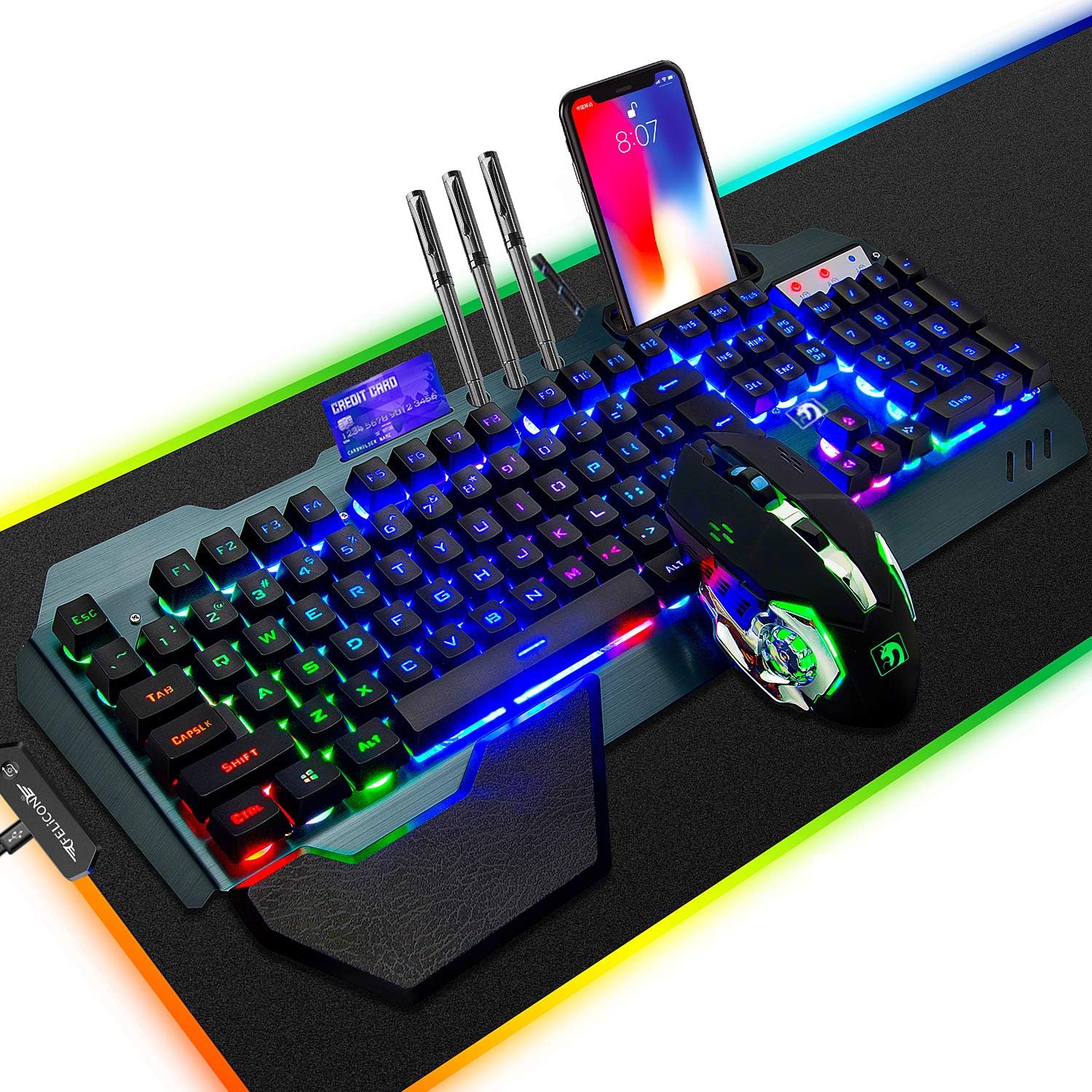 FELiCON Wired Game Keyboard and Mouse Combo, RGB LED Backlit Mechanical Feel Keyboard with Hand Rest Phone Holder