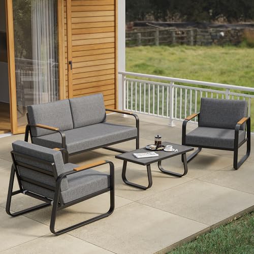 EAST OAK Courtyard Patio Furniture Set, 4-Piece Outdoor Patio Set with Sofa, Removable & Washable Deep Seating Cushion, Tempered Glass Table