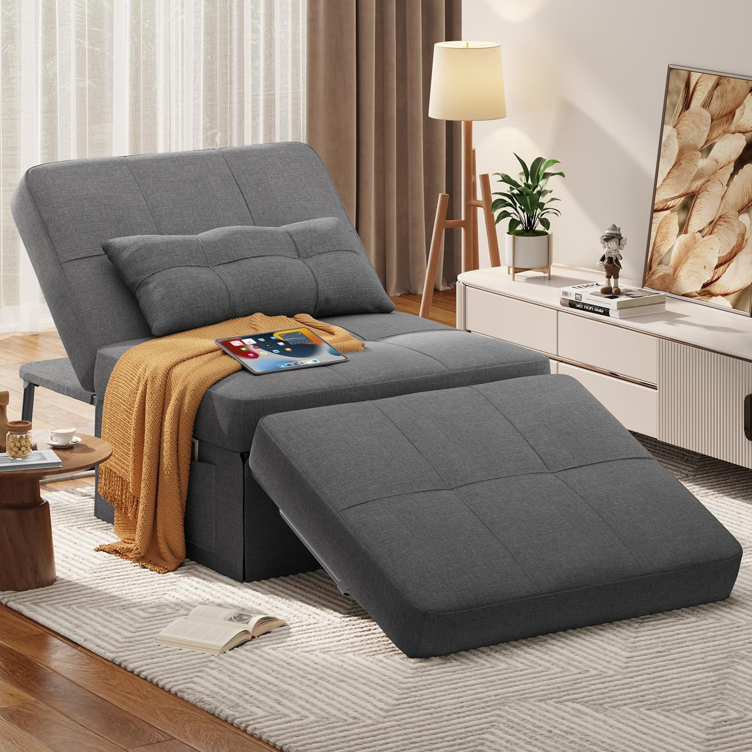 4 in 1 Sofa Bed, Sleeper Chair Bed Convertible Chair, Assembly-Free Sofa Chair Bed with Adjustable Backrest Breathable Linen