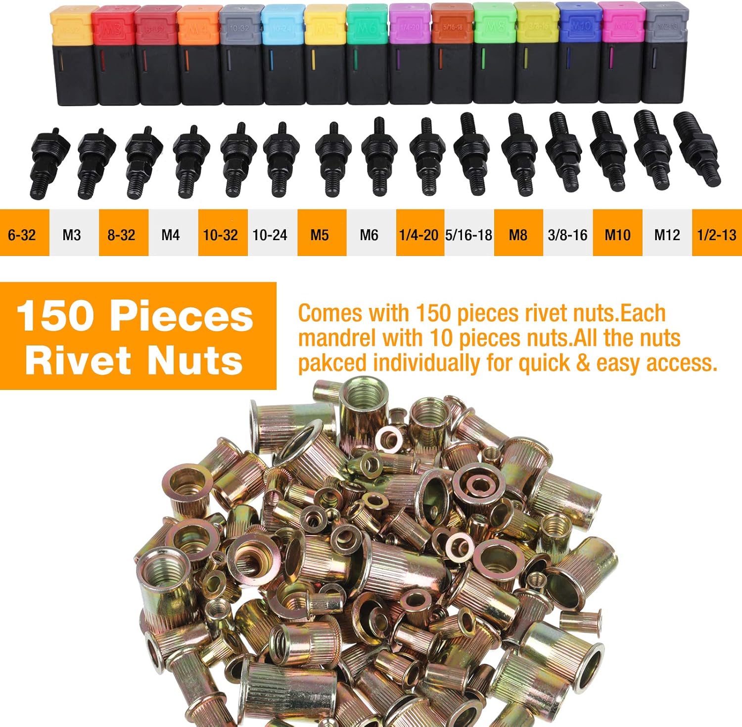 AIUITIO 16”Hand Rivet Nut Tool, Professional Rivet Nut Setter Kit with 15PCS Metric & Inch Mandrels,150PCS Rivet Nuts Pack of 2