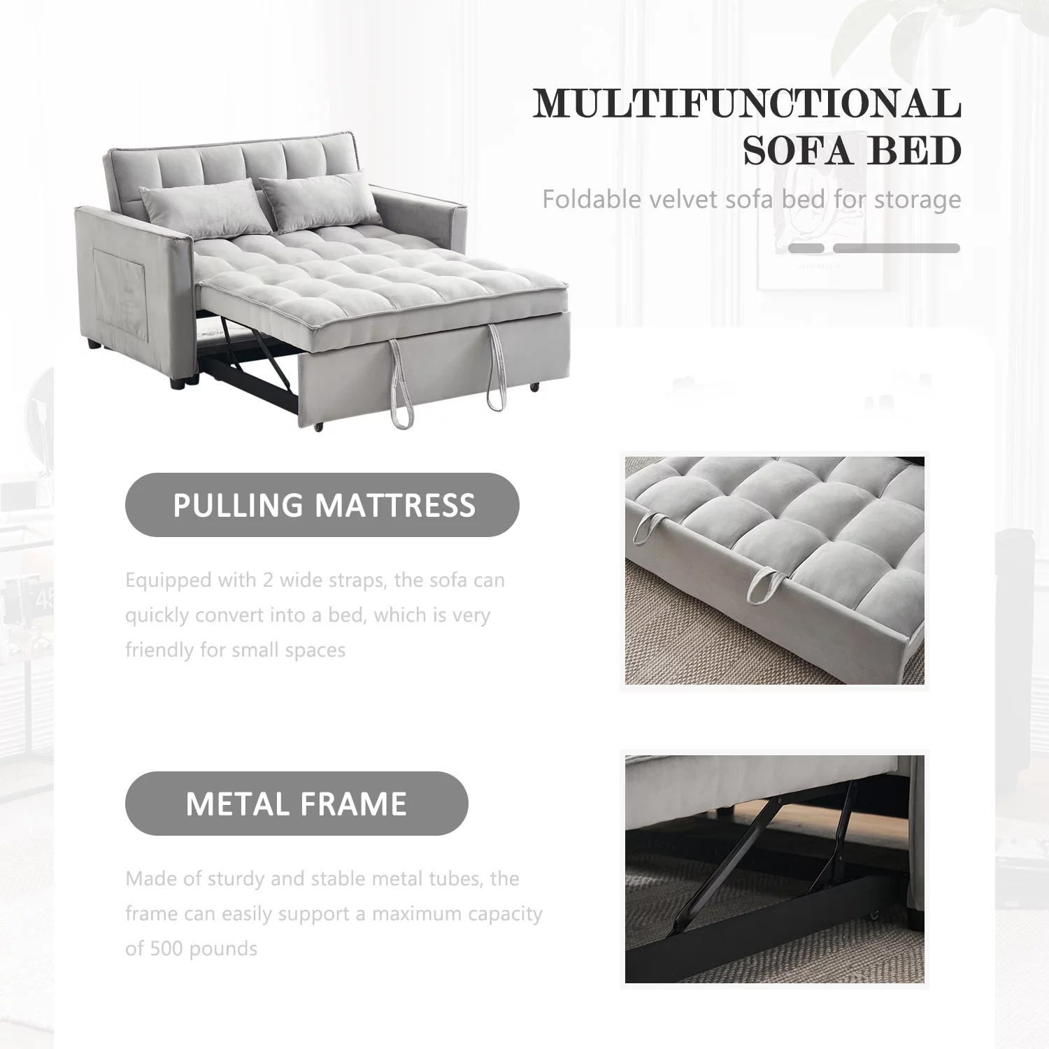 Tzicr 55.5'' 3-in-1 Convertible Sleeper Sofa Bed, Modern Velvet Loveseat Futon Couch Pullout Bed with Adjustable Backrest