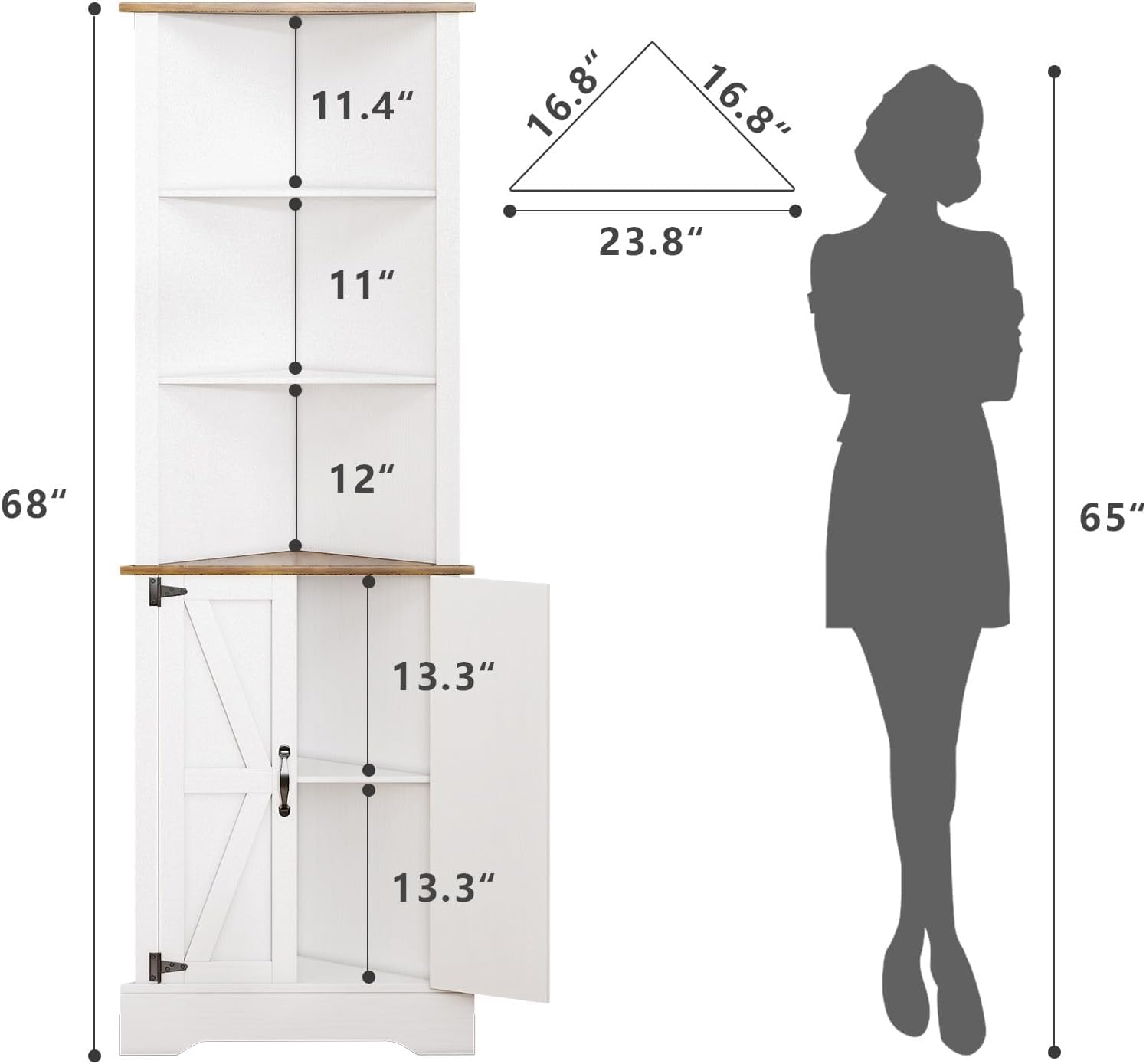 4 EVER WINE Farmhouse Corner Cabinet, Tall Corner Cabinet with 5 Shelves & Barn Doors, Corner Storage Cabinet Home Space Saver for Living Room