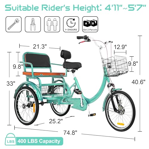 MOOITZ Adult Tricycle, 20 Inch 3-Wheel Bikes, Trike for Adults with Seat, Low Step-Through Cruiser Bike with Front and Rear Baskets