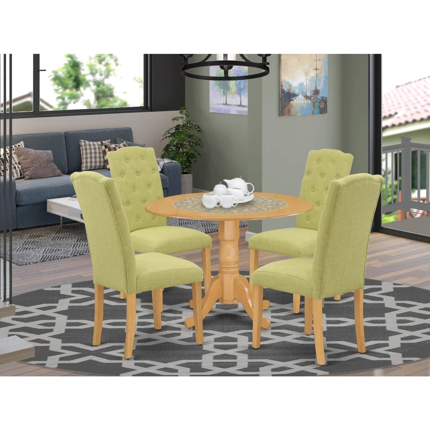 HomeStock Artistic Accomplishment 5Pc Dining Set Includes A Small Round Dinette Table With Drop Leaves And Four Parson Chairs With Lime Green Fabric