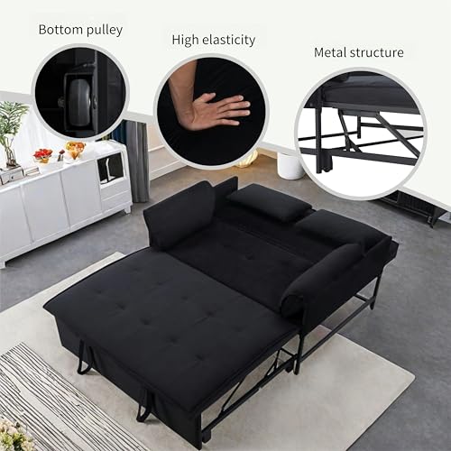 3 in 1 Sleeper Sofa Bed, Futon Sofa Bed for Living Room with Side Pocket, Black Sleepers Sofa Couch with Pullout Bed