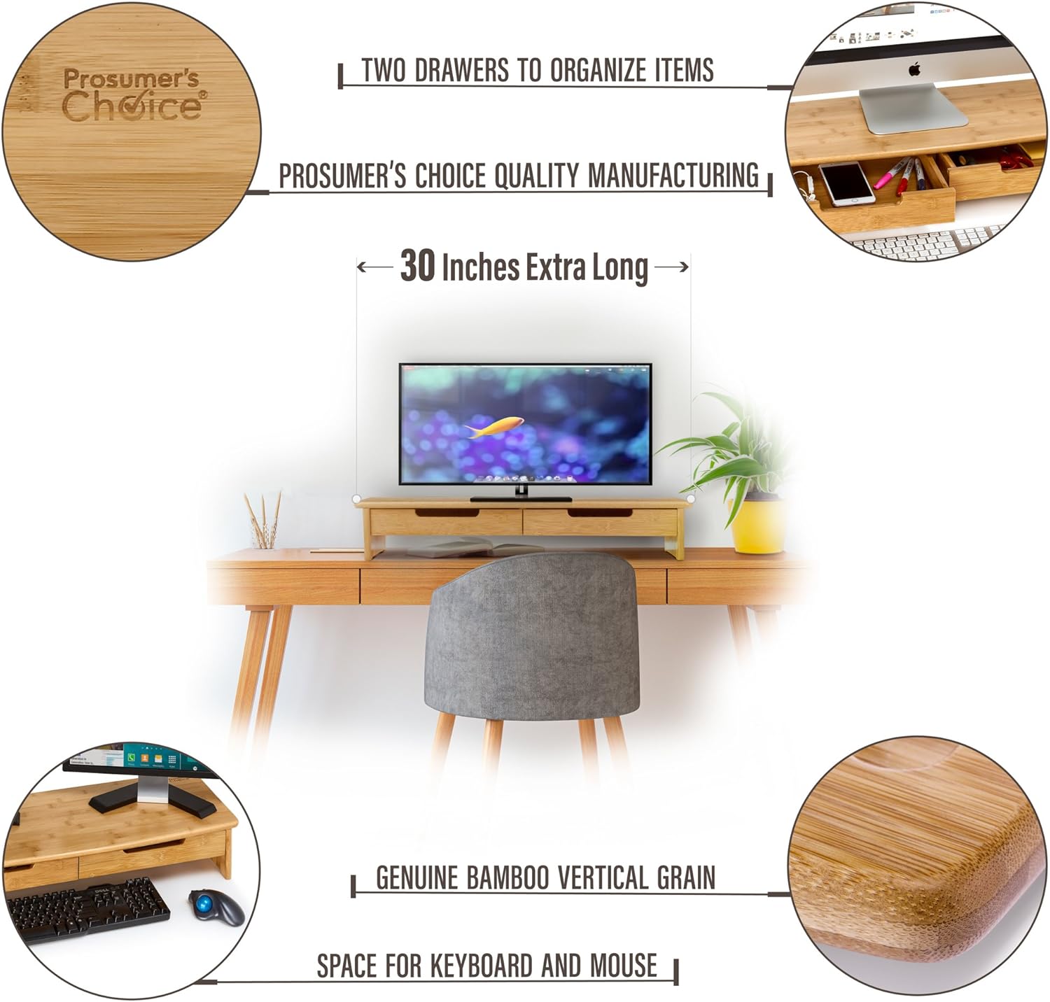 Prosumer’s Choice Bamboo TV/Monitor Stand and Riser with Dual Pull-Out Drawers – Extra Long 30”