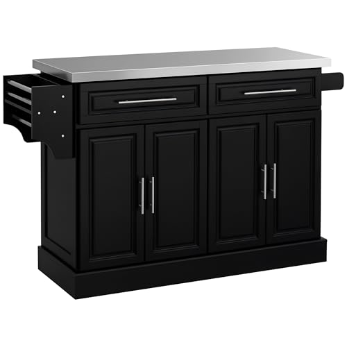 HOMCOM Rolling Kitchen Island Cart with Wheels, Portable Island Table for Kitchen with Stainless Steel Top, Adjustable Shelves, 2 Drawers, Spice