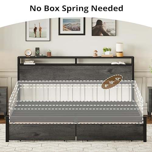 LIKIMIO King Bed Frame with Storage Headboard, Platform Bed with Drawers and Charging Station, No Box Spring Needed, Easy Assembly, Vintage Brown