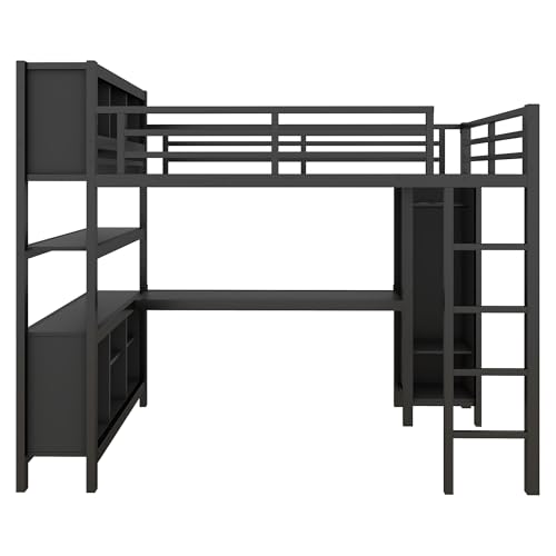Harper & Bright Designs Full Loft Bed with Desk, Metal Loft Beds with Storage Shelves, Desk, and Wardrobe, Heavy-Duty Loft Bed Frame for Kids, Teens