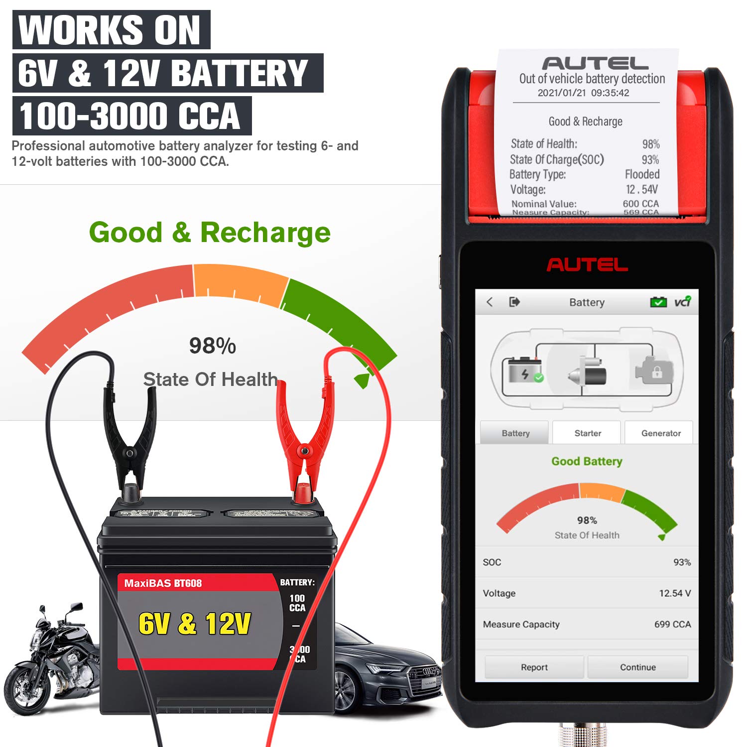 Autel Battery Tester MaxiBAS BT608 (E), 2022 Updated from BT508/ BT506, Autel OBD2 All System Diagnostic Scan Tool, Cold Cranking Analyser