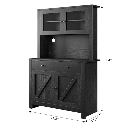 Kitchen Pantry Cabinet with Microwave Stand, Freestanding Hutch Cabinet with Buffet Cupboard