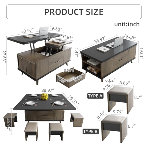 Multifunctional Lift Top Coffee Table with Four Stools,Center Table with Hidden Storage Compartments,Saving Space Indoor Tea Table