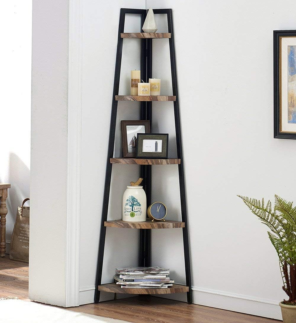O&K FURNITURE 5 Shelf Industrial Corner Bookcase and Shelf, A-Shaped Display Corner Storage Rack Bookshelf-70-Inch, Oak Finish