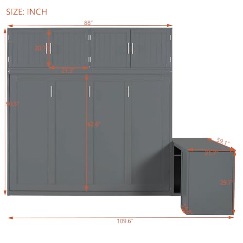 Queen Size Murphy Bed Wall Bed with Desk and Closet,Drawers and Shelves,for Small Spaces Studio Study Office Guest Room Use (Gray#Desk, Queen)
