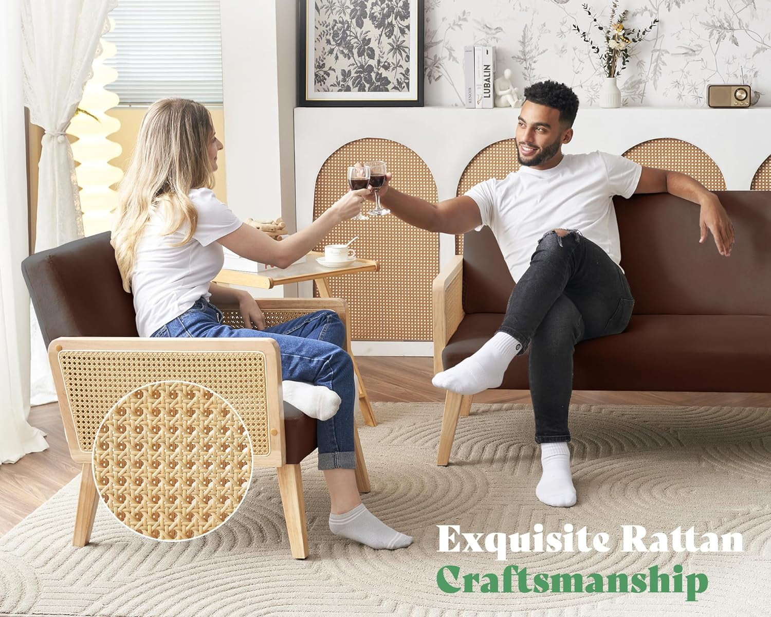 Papajet Rattan Sofa, 2 Piece Sofa Couch Set for Living Room with Rattan Armrest, Modern Fashion